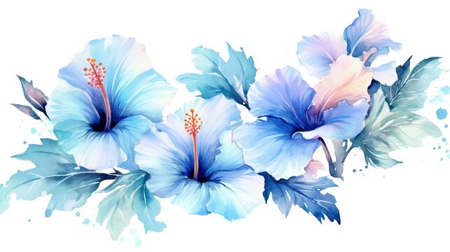  a painting of blue flowers with green leaves on a white background with watercolor splashes on the bottom of the image and the bottom half of the image.  generative ai
