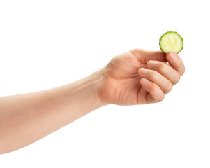 sliced cucumber in hand path isolated on white