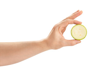 sliced zucchini in hand path isolated on white