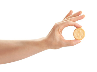 round cracker in hand path isolated on white