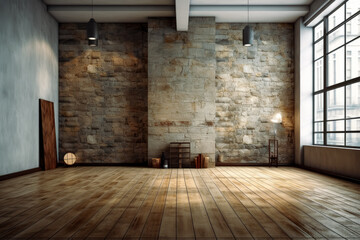 Empty empty wood floor with grungy walls, in the style of contemporary metallurgy, rustic still lifes, gray and brown, vintage wooden floor, walls with concrete. Generative Ai Illustration.