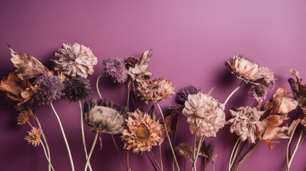  a bunch of dried flowers on a purple background with a purple wall in the back ground and a purple wall in the back ground with a few dried flowers.  generative ai