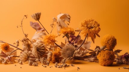  a bunch of dead flowers sitting on top of a yellow table top next to a yellow wall with a few dead flowers on top of it.  generative ai