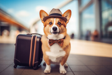 Corgi dog traveler with lagguage bag in airport terminal. Travel on vacations with pets concept. Generative AI
