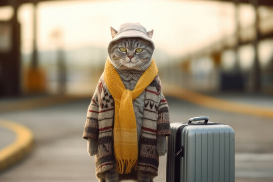 Funny cat traveler wearing in clothes with lagguage bag standing on train station. Kitten travel on vacations. Generative AI