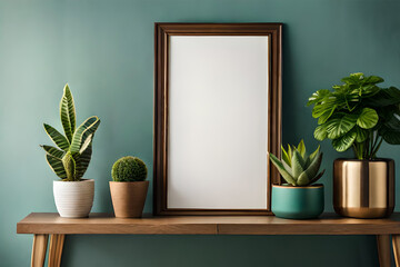 empty picture frame mockup,  mock up photo frame with beautiful plants, photo frame mockup, Empty poster frame, Empty painting frame. Generative AI