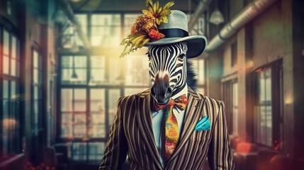 Fototapeta na wymiar a zebra wearing a suit and tie with a hat on it's head and a flower in his hair, standing in a building. generative ai