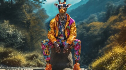 a man in a giraffe costume sitting on a rock in the middle of a mountain stream wearing sunglasses and a headdress.  generative ai