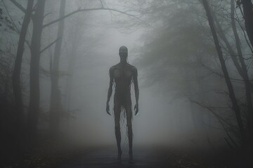 A human-like monster in the misty forest. A zombie standing in the dark forest. Horror or halloween concept. Tall, strange and scary human silhouette. The death waiting. Generative ai.