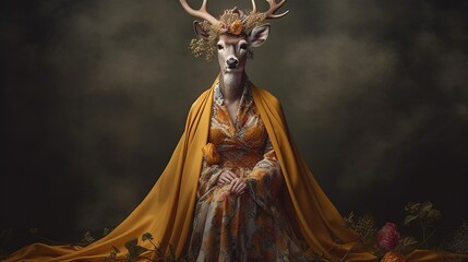  a woman in a dress with a deer's head on her head and a yellow cape over her shoulders, standing in front of a dark background.  generative ai
