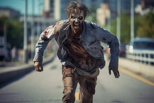 Zombie running down the road. The zombie looks at you. A walking dead attacks and chases human. Scary zombie with rotten flash, dirty clothes and horror look. Halloween concept. Generative ai.