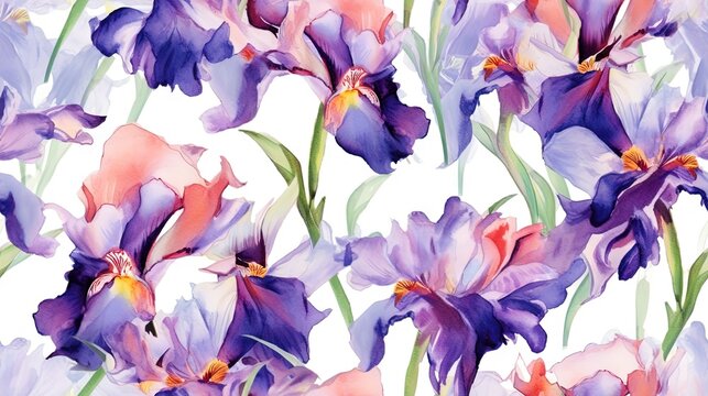  a painting of purple and orange flowers on a white background with green leaves and stems in the center of the image is a watercolor painting.  generative ai