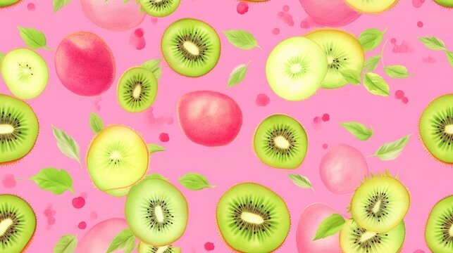  a pink background with a bunch of kiwis and apples on top of each other and leaves on the bottom of the kiwis.  generative ai