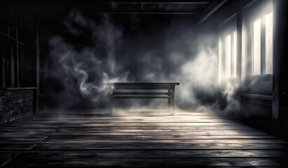 smoke over wooden floor, black brick walls