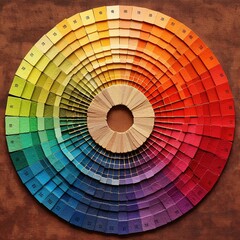 Wheel color theory texturized, generative ai. Rainbow color, pride colors, full colored circle, wooden. 