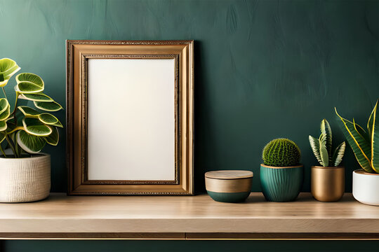 empty picture frame mockup,  mock up photo frame with beautiful plants, photo frame mockup, Empty poster frame, Empty painting frame. Generative AI
