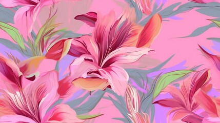 Fototapeta na wymiar a painting of pink flowers with green leaves on a pink and blue background with a pink and pink background with a pink flower and green leaves. generative ai