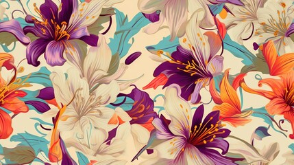  a colorful floral pattern on a white background with orange, purple, and pink flowers on a cream background with blue and orange swirls.  generative ai