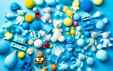 a blue background with baby toys arranged in various colors