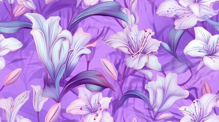  a purple and white floral pattern with leaves and flowers on a purple background with a pink background and a white and pink flower on the bottom right side of the image.  generative ai