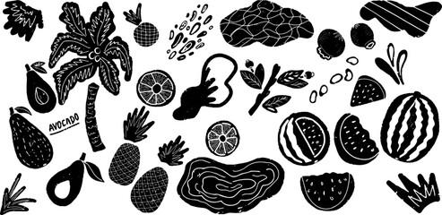 Tropics. Exotic, vector grainy set of textural black elements for design, grunge jagged graphic patterns. Palm tree, fruits, textural, abstract spots.