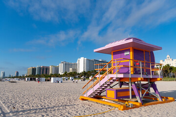 lifeguard at miami beach in summer with copy space. lifeguard at miami beach vacation.