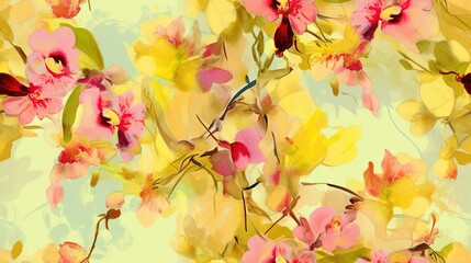 Obraz na płótnie Canvas a painting of a bunch of flowers on a yellow background with pink and yellow flowers on the bottom of the picture and a blue stem in the middle of the picture. generative ai