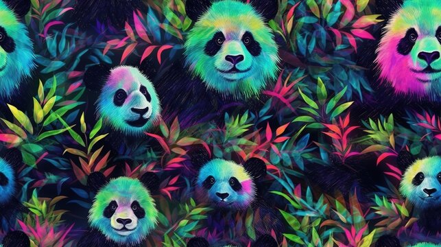  a painting of a panda bear surrounded by green and pink leaves and plants, with a black and white face on the right side of the panda's face.  generative ai