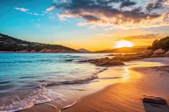 a serene beach scene with a colorful sunset over the ocean © Virginie Verglas