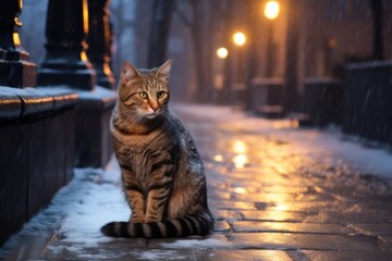 Sad cat, lost and abandoned, sitting on a sidewalk.