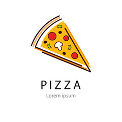 Poster for design, restaurant, cafe, pizzeria. Vector illustration isolated with place for your text on white background. Pizza slice food logo.