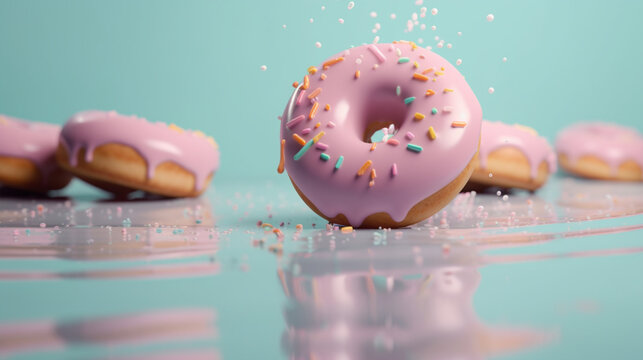 Backgrounds of delicious pastel donuts falling with colorful icing and icing and sweet sprinkles. Pastel colored donuts. Candy backgrounds. Image generated by AI.