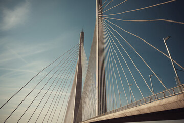 High-resolution photograph of a suspension bridge, emphasizing the structural integrity and elegant design Generative AI
