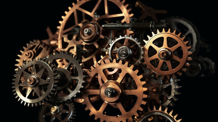 A series of interconnected gears in motion, symbolizing the interdependence and synergy within a mechanical network Generative AI