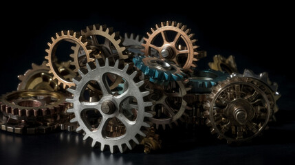 A series of interconnected gears in motion, symbolizing the interdependence and synergy within a mechanical network Generative AI