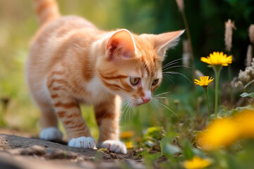 Fototapeta premium kitten on a path among the grass and wild flowers warily and curiously looks at something in the grass generated ai