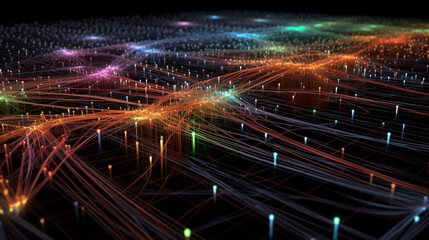 Fototapeta na wymiar A visualization of data packets flowing through interconnected servers, illustrating a computer network Generative AI