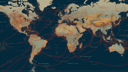 A map of undersea cables connecting continents, demonstrating the global network of submarine communication Generative AI