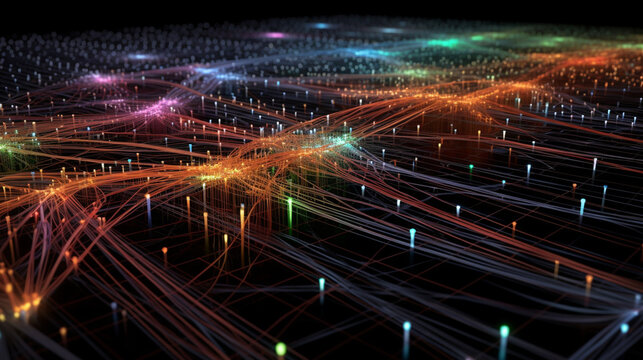 A visualization of data packets flowing through interconnected servers, illustrating a computer network Generative AI