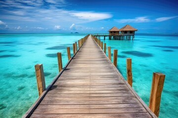 Fototapeta premium a wooden pier leading to a distant hut over the ocean, concept travel
