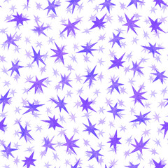 A lot of watercolor purple stars as seamless pattern on white backgound.Print bithday, b-day,christmas, new year cards,invitations.Aquarelle design elements