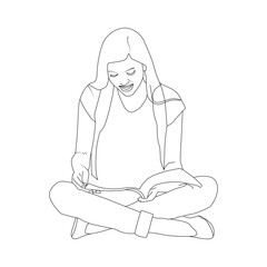 A girl Reading book Line Art Vector Illustration, Girl Reading book line art