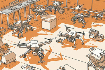 A crisp and organized depiction of robotic drones performing automated tasks Generative AI