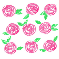 Set of grunge pastel chalk sketch magenta pink roses with green leaves.Hand drawn simple design elements.Isolated on white
