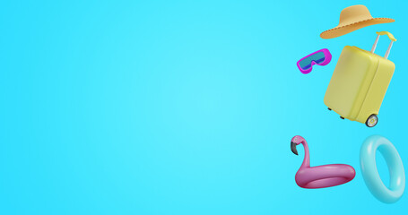 Summer banner. Suitcase hat inflatable ring, water goggles.3d rendering
