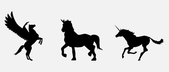 isolated black silhouette of a unicorn, vector collection