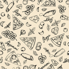 Hand illustrated seamless pattern with pepperoni pizza slices, tomatoes, salami, basil and garlic.Handwritten words "pepperoni pizza".Fast street food background.