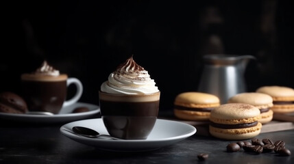 Obraz na płótnie Canvas Delicious hot coffees with milk cream, cream, cinnamon, cookies and sweets. Coffee in cups and stylish place. Variety of coffees. Coffee and culinary art. Image generated by AI.
