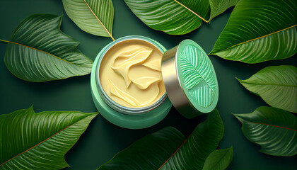 Cosmetic skincare product on green leaves background for mockup Ai generated image