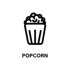 Popcorn line icon with text. Popcorn, bucket, box.  Vector illustration isolated on white background. Food, snack.